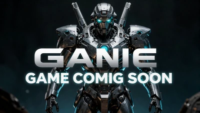 Coming soon game teaser thumbnail: A futuristic mech warrior emerging from darkness with glowing eyes and cyan accents