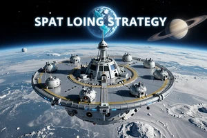 Starfall Ledger: A space colony building game showing a human settlement on an icy moon with Saturn visible