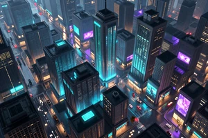 Neon Gridline: A cyberpunk city building game with aerial view of neon-lit rain-soaked streets