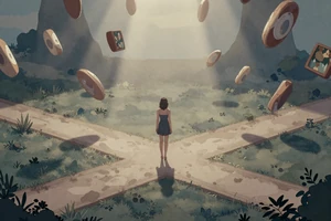 Echo Waypoint: A story-rich indie game showing a woman at a crossroads in a surreal dreamlike world with floating memories