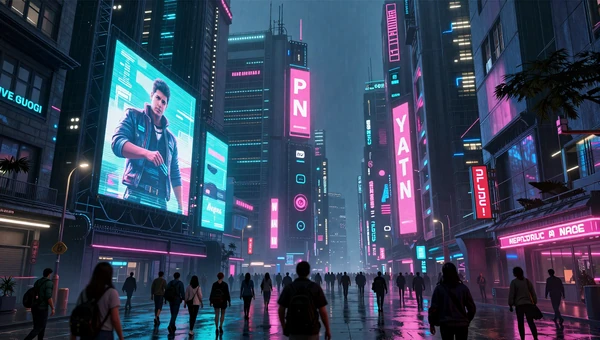 Cyber City List: Street-level view of a rainy neon cyberpunk city with holographic billboards and crowds