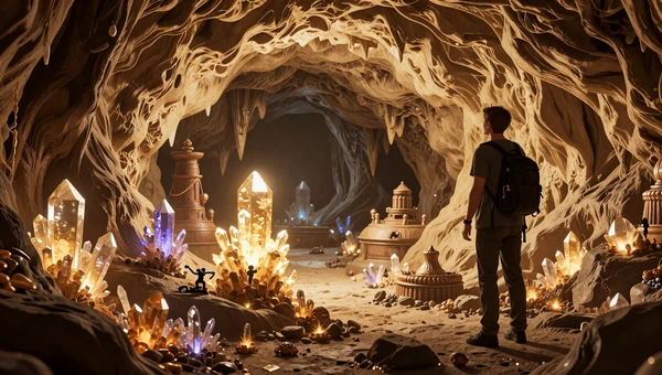 Underplayed Games List collection: Explorer discovering a secret glowing crystal cave with ancient wonders and golden light