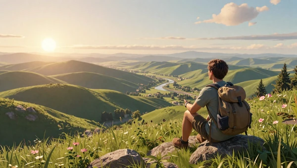 Relaxed Exploration List collection: A traveler overlooking serene green valleys at sunrise in a cozy open world game