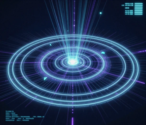 Abstract futuristic digital core with glowing orbital rings and data streams representing Waypoint's discovery system