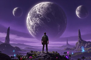 Void Harbor: A sci-fi RPG set on an alien planet with bioluminescent flora under a purple sky