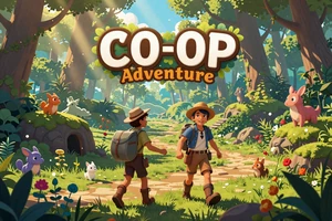 Verdant Index: A co-op adventure game showing two adventurers exploring a magical forest with fantasy creatures