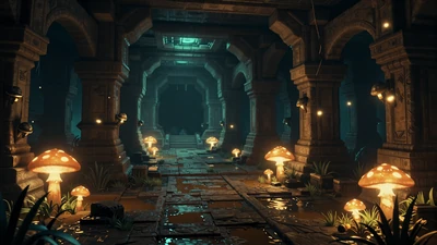 Hidden world game thumbnail: Underground world with glowing mushrooms and ancient ruins in amber and teal light
