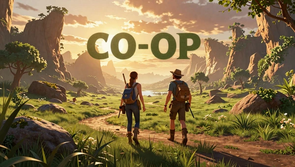 Weekend Co-op List collection: Two adventurers traversing a stunning fantasy landscape at golden sunset